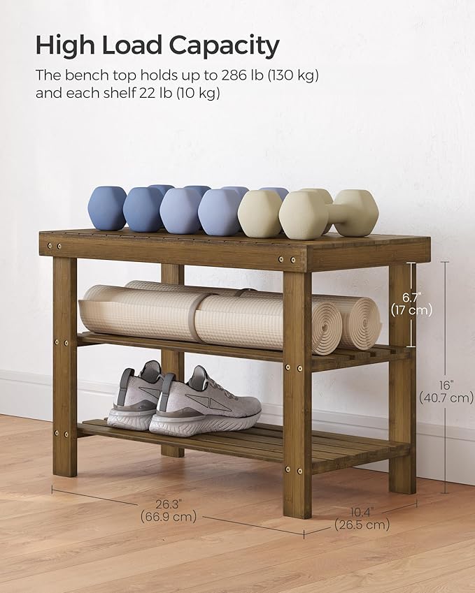 SONGMICS Shoe Rack Bench, 3-Tier Bamboo Shoe Storage Organizer, Entryway Bench, Holds Up to 286 lb, 11.3 x 27.6 x 17.8 Inches, for Entryway Bathroom Bedroom, Yellow Brown ULBS04WL