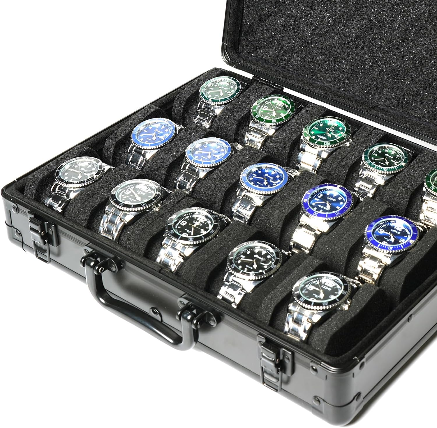 15 slots Watch organizer Case, Aluminum watch storage box, hard watch travel box, padded case for watch display and organization