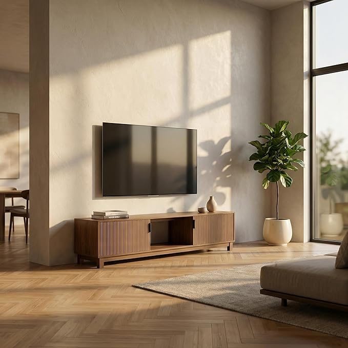 70" Fluted TV Stand for TVs up to 75 inch, Mid Century Modern Entertainment Center with 2 Hinged Doors & Open Shelves, Boho Media Console with Adjustable Shelves for Living Room, Walnut
