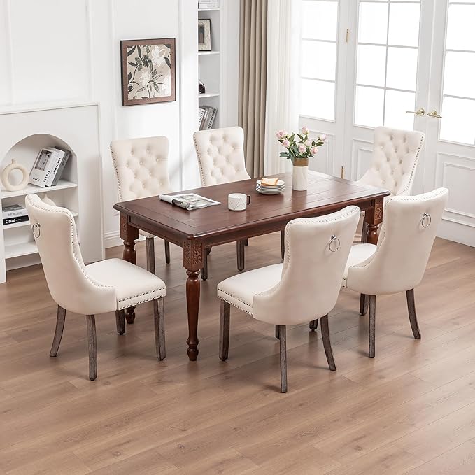 Mid Century Modern Dining Chair Set of 6 Velvet Upholstered Dining Accent Chair Farmhouse Dining Chairs with High Back and Nailhead Trim for Kitchen, Living Room, Bedroom (Beige)