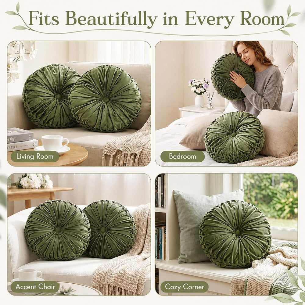 Drydiet 2 Pcs Round Throw Velvet Pillow (Dark Olive Green, 15'')