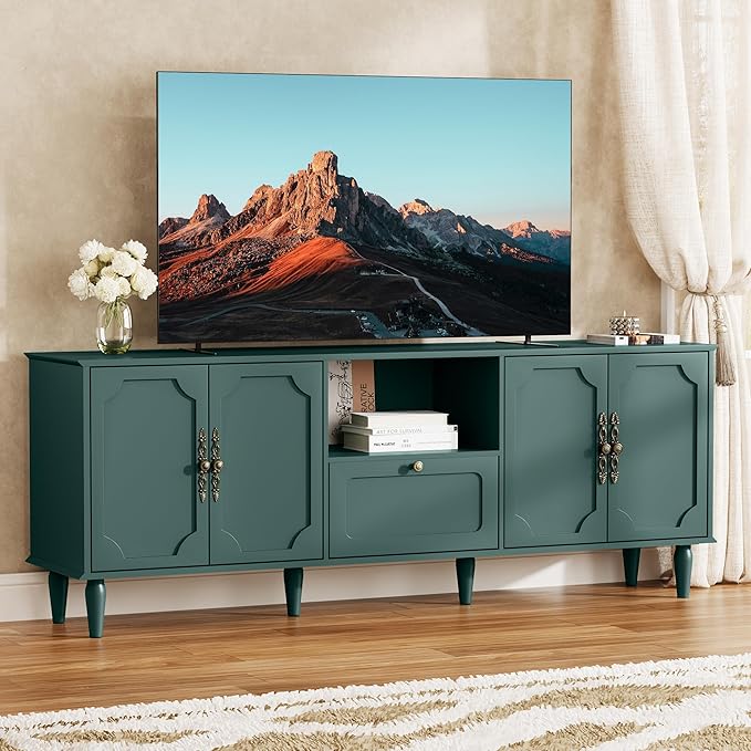 Mid-Century Modern TV Stand for 75+ inch TVs, 67" Entertainment Center with Storage Drawer, Long Media Console with Adjustable Shelves, Wood TV Cabinet for Living Room, Bedroom, Green