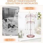 iDavosic.ly 2 Tier Rotating Necklace Holder Organizer with 42 Hooks, Adjustable Metal Bracelet Display Stand Rack, Extra Tall Keychain Spinning Tree Tower for Women, Rose Gold
