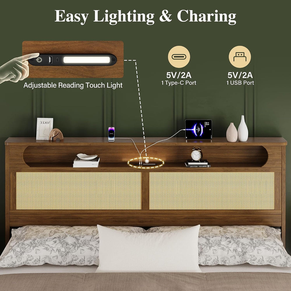 Belffin King Size Rattan Bed Frame with 2 Storage Drawers, Wood Bed, Brown