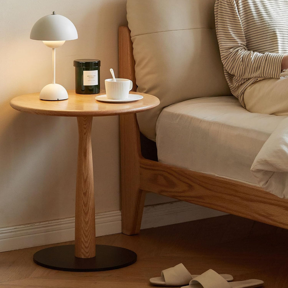Small Wooden Round Side Table, Accent Nightstand Pedestal Table for Living Ro...