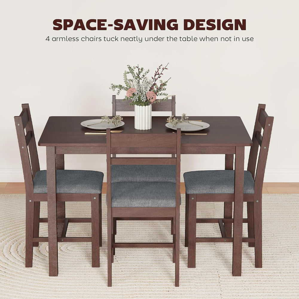HOMCOM 5-Piece Solid Wood Dining Table Set for 4, Walnut and Gray | Farmhouse...