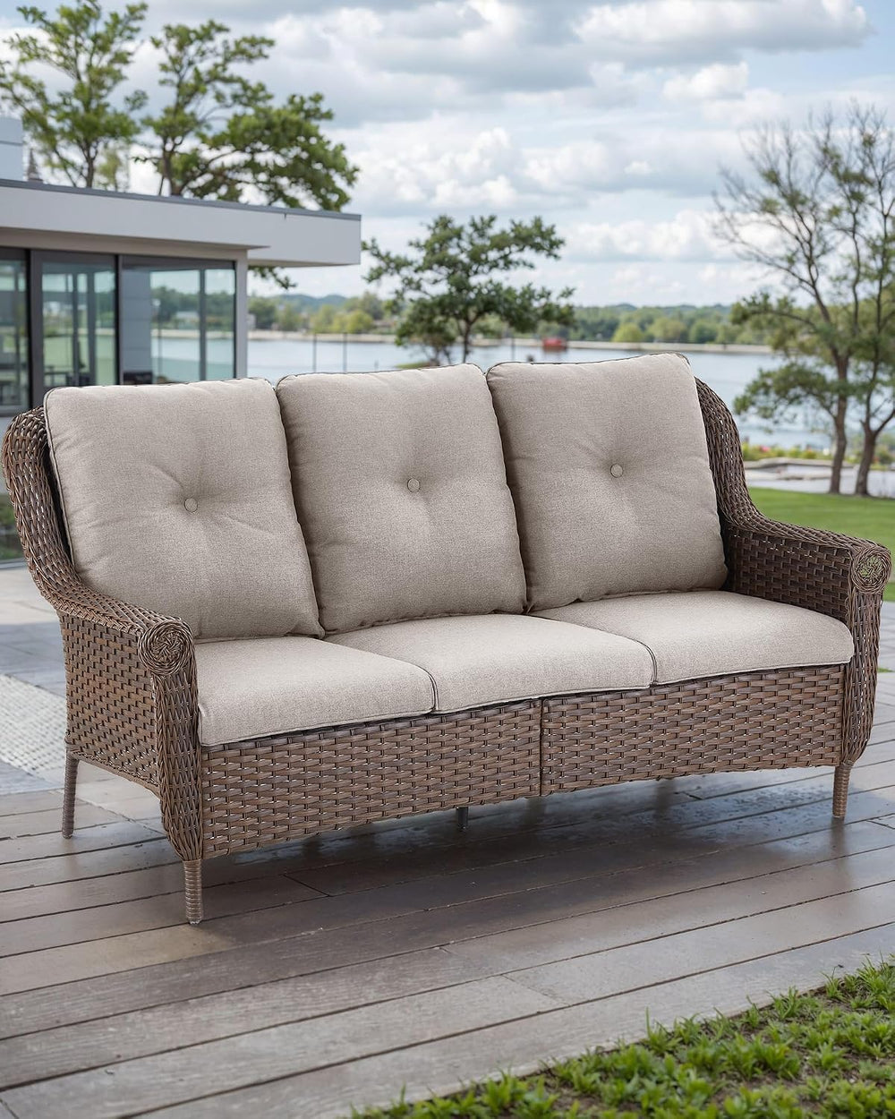 Patio Couch Outdoor Wicker Sofa - Heavy Duty All-Weather Brown Rattan 3-Seate...