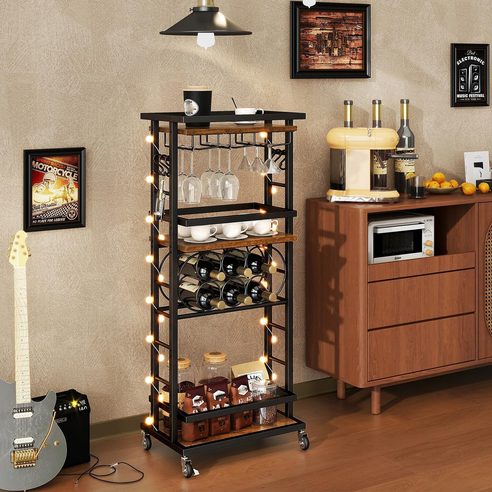 IBUYKE 4-Tier Wine Rack with Wheels,Bar Cart,Brown TMJ912H | Wine Car Cabinet...
