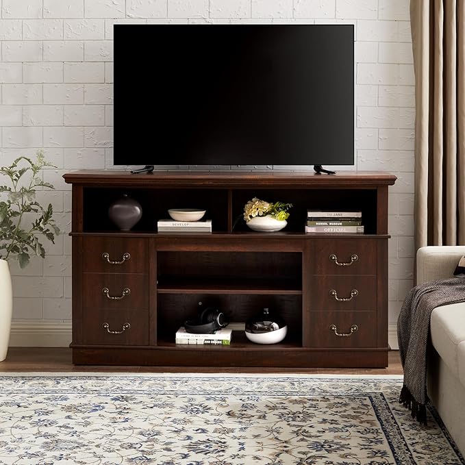 TV Cabinet for 65" TV: Tall Drawer-Like TV Stand | Rustic Farmhouse Media Entertainment Center with Storage Console and Adjustable Shelves for Living Room - Espresso