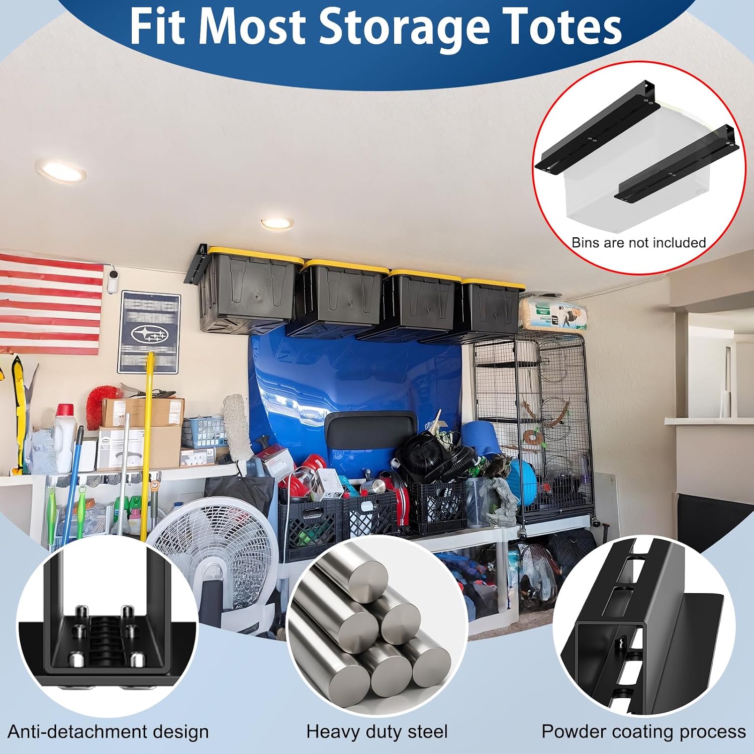 Overhead Garage Storage Rack, Heavy Duty Ceiling Storage Rack, 17 Inch Adjustable Overhead Tote Storage Rail System, 8 Sets for 7 Bins