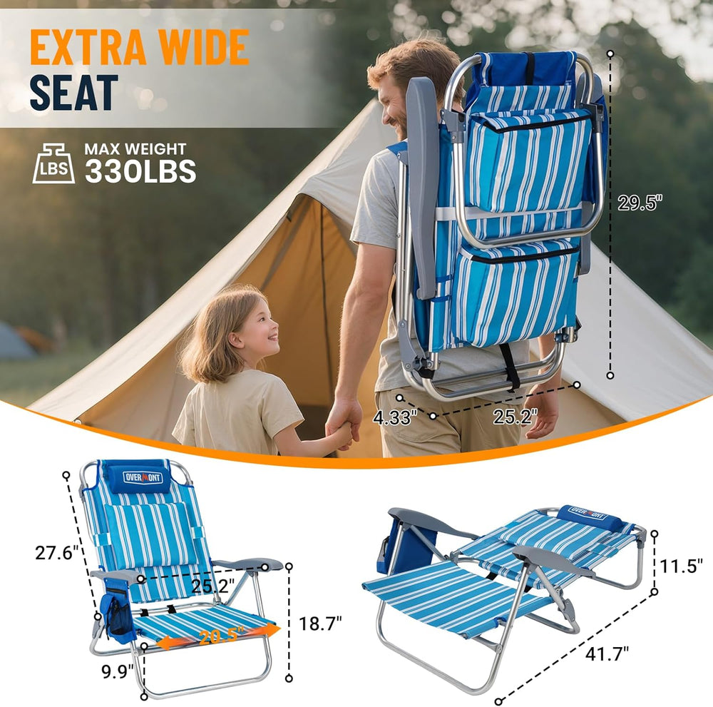 Overmont Low Beach Chair with Cooler Bag - 6-Positions Lay Flat with Ergonomi...