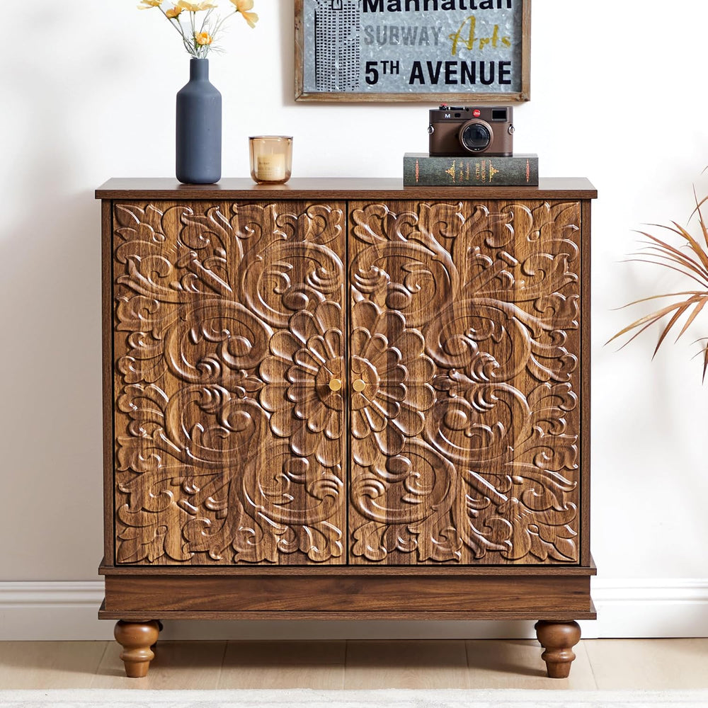 weselon Accent Cabinet with 2 Doors, Farmhouse Carved Buffet Sideboard with A...