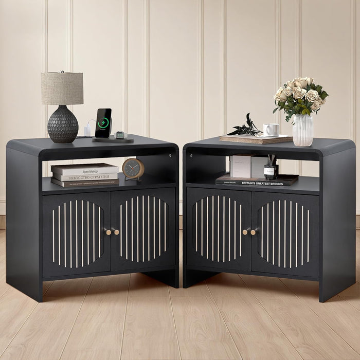 23.6" Modern Black Nightstand Set of 2 with Chariging Station 2AC+USB+Type-C, Classic Striped Side Table with Door+Storage Shelf, Rectangle End Table for Living Room, Bedroom (2, Black)