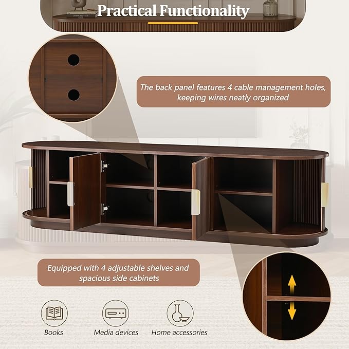 Merax Fluted Wooden TV Stand for TVs up to 75", Farmhouse Entertainment Center with Sliding Door, Curved Media Console with Adjustable Shelves, Modern Television Cabinet for Living Room, Walnut