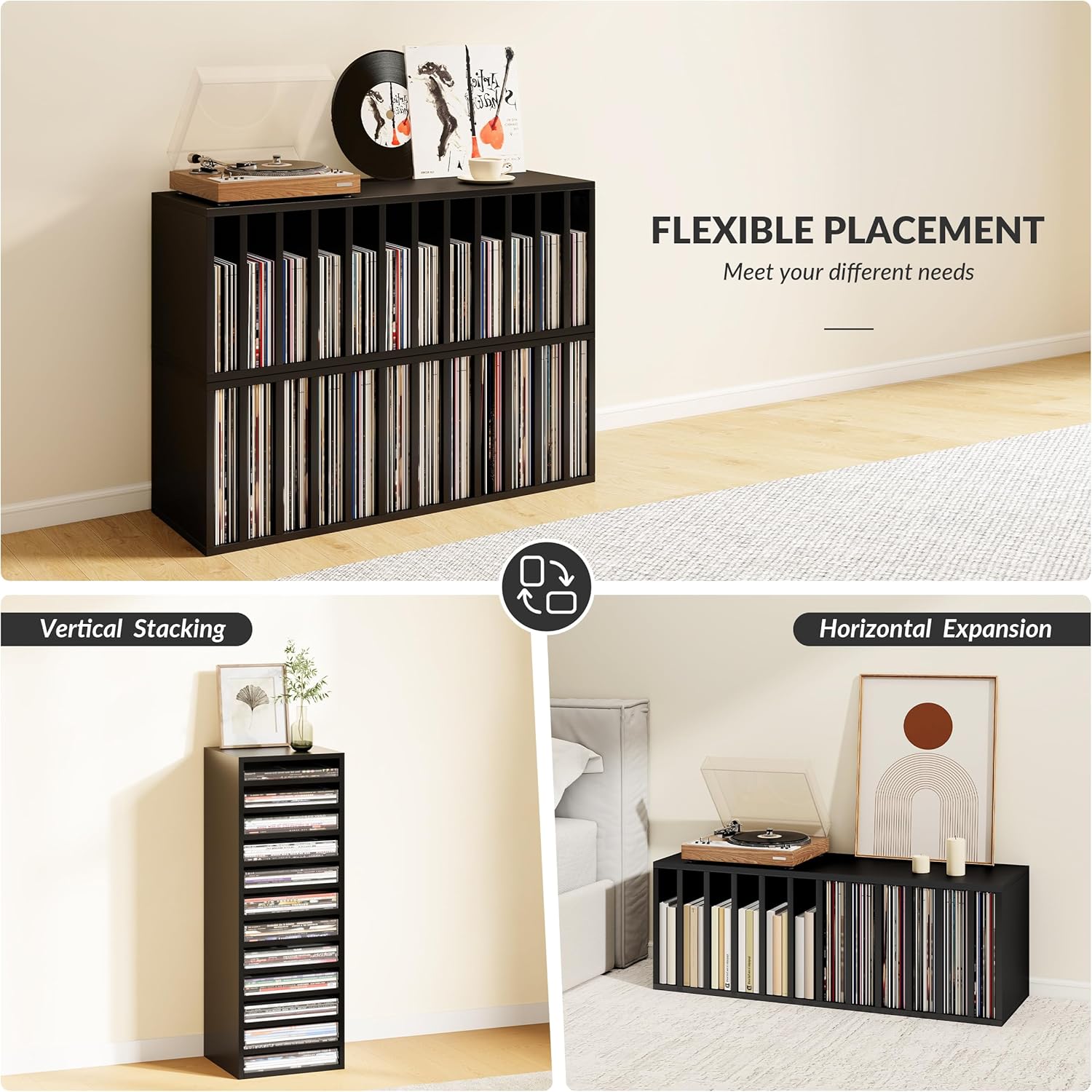 IOTXY DIY Modular Cube Bookcase - CubeXY Customizable Stackable Expandable Basic Shelving Units, 12-Cube Wooden Open Bookshelf with Removable Shelves for Vinyl Record Storage Organizer, Black
