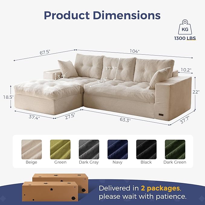 MAXYOYO 104" L Shaped Modular Sectional Sofa with Ottoman, Cloud Boneless Couch with Layered Cushion, Upholstered Sofa in a Box, Flexible Module Combination for Living Room, No Assembly, Beige
