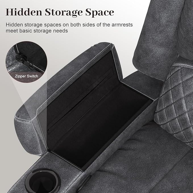 Velvet Fabric Recliner Sofa, 3 Seater Manual Reclining Sofa with 2-Tier Cushion, Reclining Couches for Living Room with Removable Console, Hidden Storage Space, Cup Holders - Grey