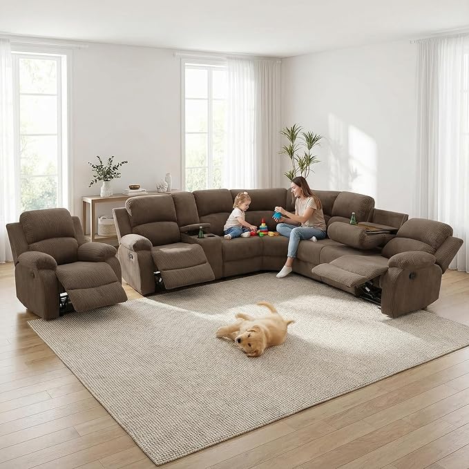 Manual Recliner Sectional Sofa Set, Corduroy L-Shaped Living Room Furniture Sets, Reclining Sectional Corner Couch and Recliner Chair Set for Home Office (Peanut, Sectional + Chair)