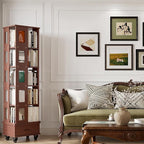 Solid Wood Rotating Bookshelf Tower, 5-Tier Square Spinning Bookcase with Drawer, 70" Floor Standing Revolving Bookshelf on Wheels, Corner Bookcase for Small Space, Walnut