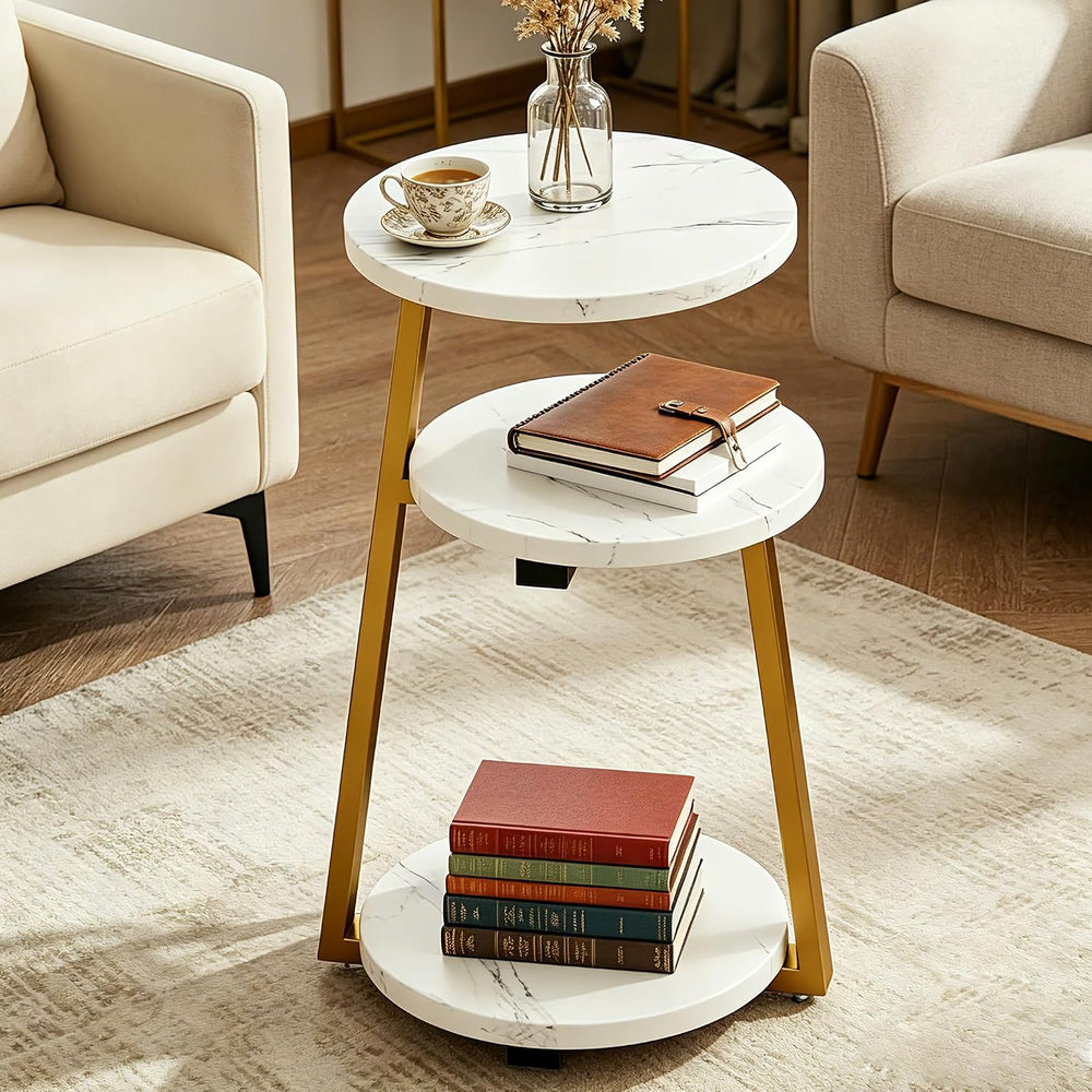 3-Tier Round Side Table, Faux Marble Top Side Table with Sturdy Metal Frame, ...