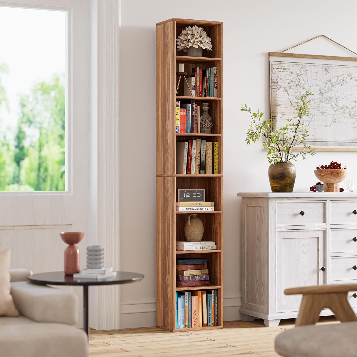 IRONCK Tall Narrow Bookshelf 8 Tiers, Compact Corner Bookcase, Floor Standing Display Storage Shelves 71 in Tall, Easy to Match for Living Room, Office, Study, Bedroom