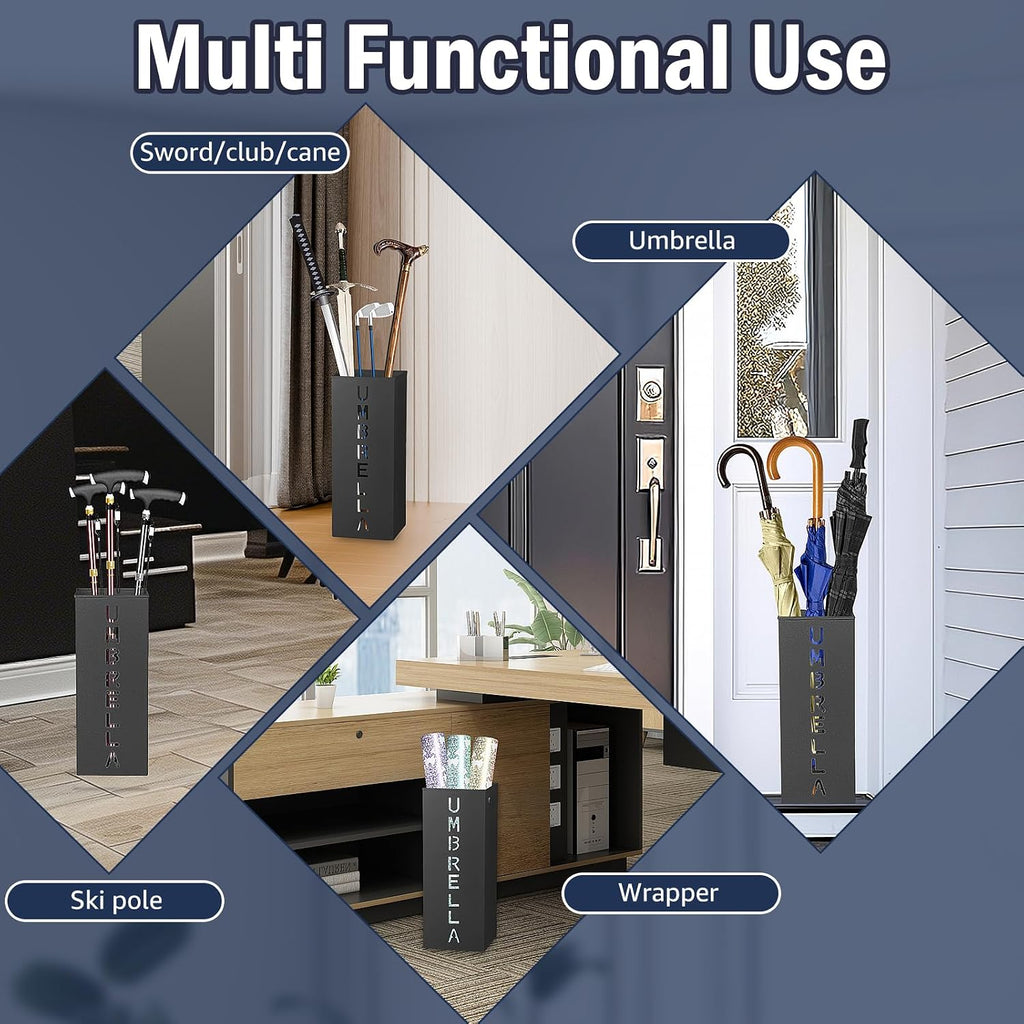 Metal Umbrella Stand, Umbrella Stand Rack for Entryway，Square FreeStanding Umbrellas Holder for Home, Office, Hotel and Supermarket(Black)