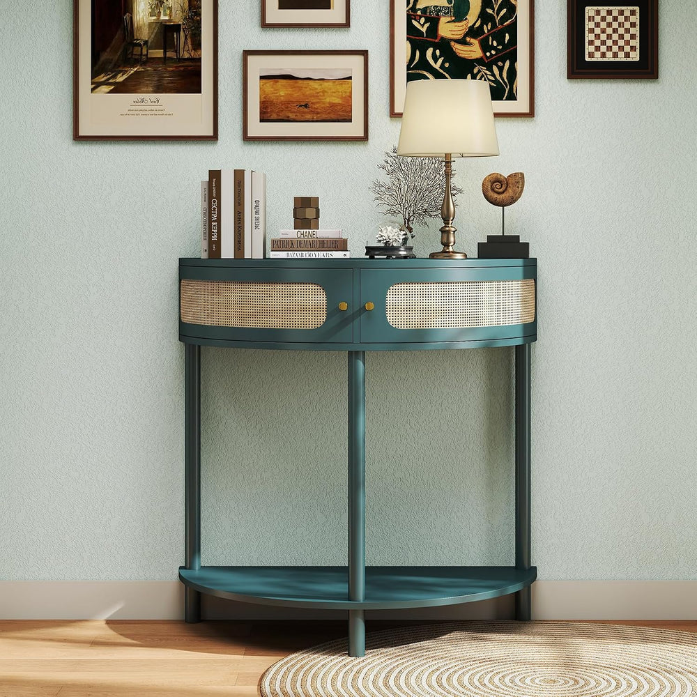 Rovibek 31.5 Inches Rattan Half Moon Console Table for Entryway - Small Entry...