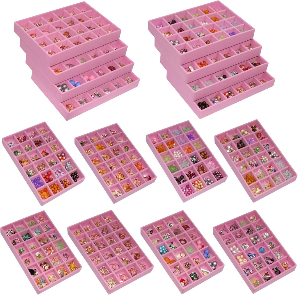 24-Grid Stackable Jewelry Organizer Tray Velvet Jewelry Storage Holder for Drawer Inserts Jewellery Display Box Case for Women Earring Rings Stud Necklaces (Set of 8, Pink