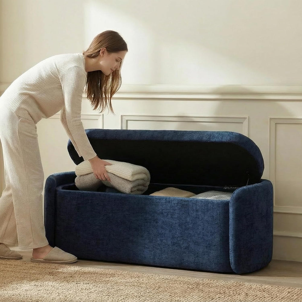 VKNOW Storage Bench, Upholstered Storage Ottoman Bench with Hinge, Navy | Ott...