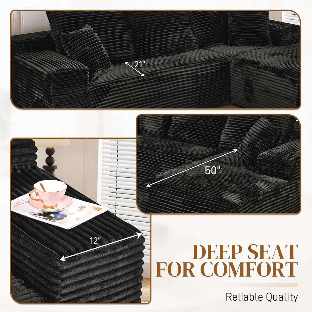 108" L Shaped Boneless Sectional Couches for Living Room, Comfy Corduroy Floor Cloud Sofa with Chaise, Wide Armrest, Deep Seat, Memory Foam, Assembly Free, Ideal for Small Spaces, Black