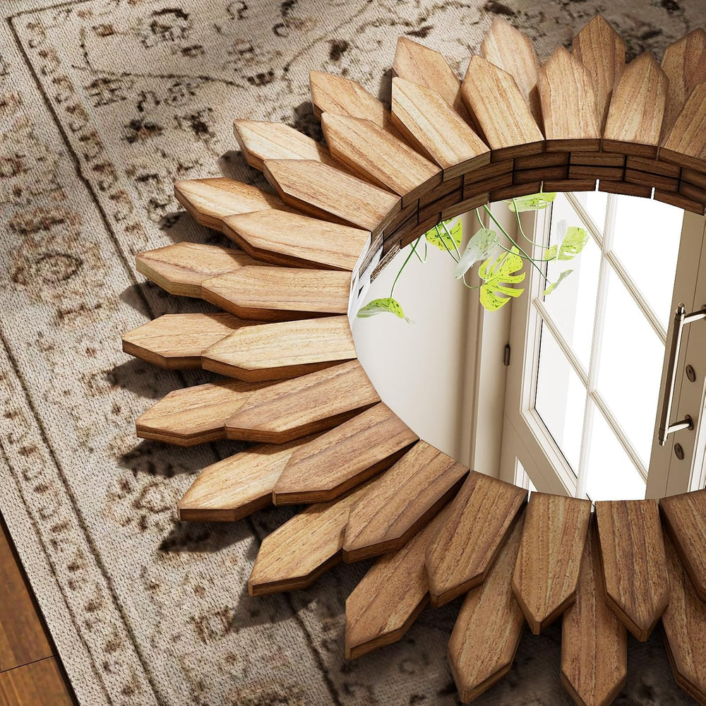 20" Round Sunburst Wooden Mirror Boho Rustic Wall Decor