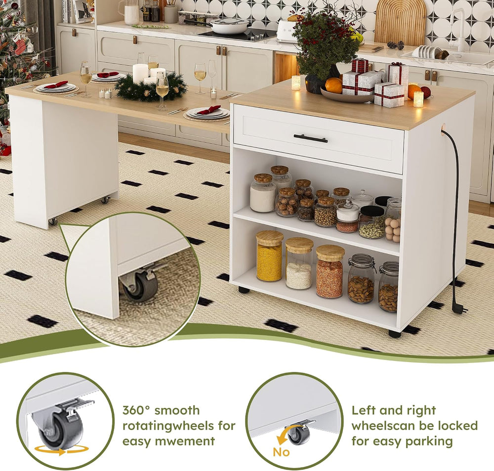 80" Kitchen Island with Extendable Dining Table, Marble-Grain Countertop...