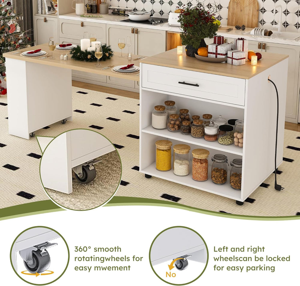 80" Kitchen Island with Extendable Dining Table, Marble-Grain Countertop...