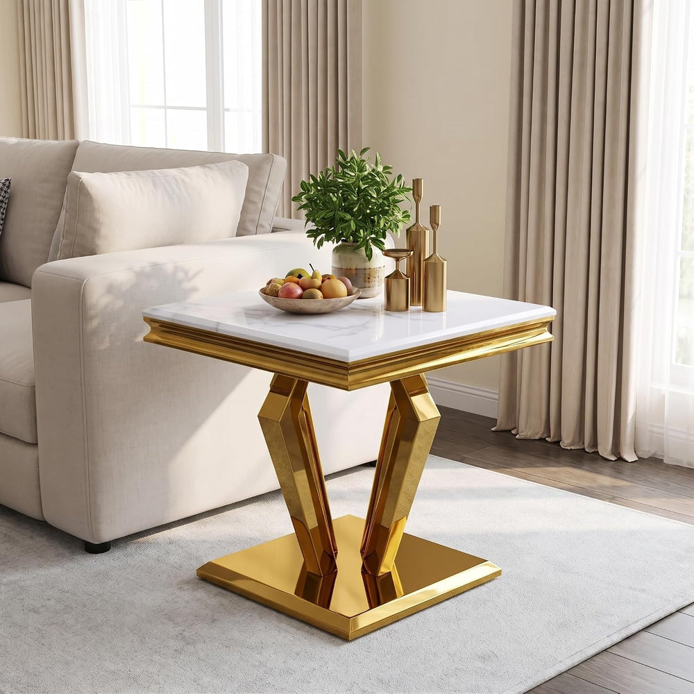 Asday White Coffee Table Set of 3, Gold Polished Geometric Metal Base | Luxur...