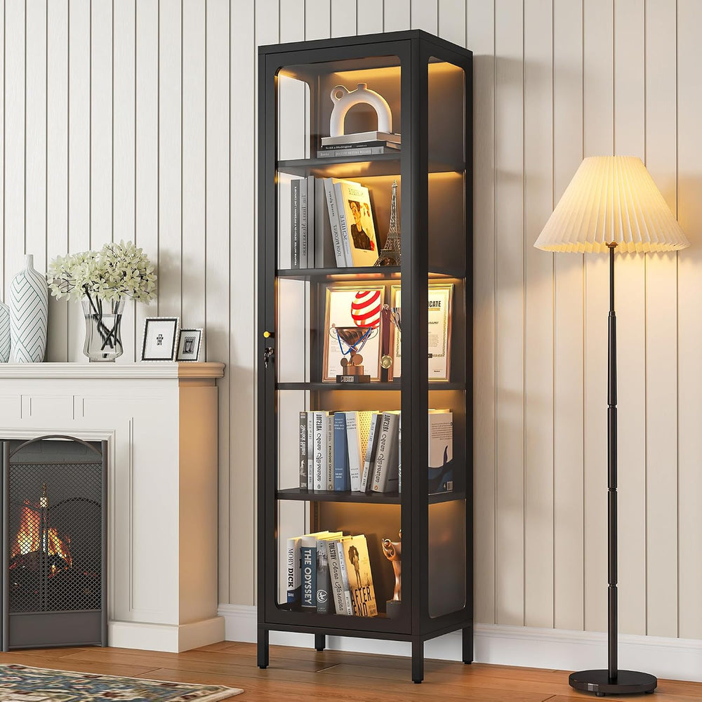 69" Glass Display Cabinet with Lock & 13-Color LED Lights, 5-Tier Lo...