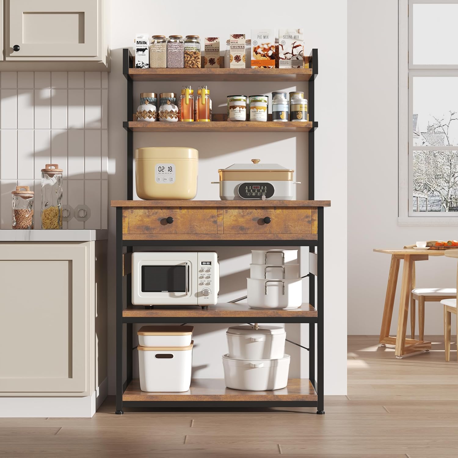 Mexin Bakers Rack with Power Outlets, 5-Tier Microwave Oven Stand with 2 Drawers, Kitchen Stand Coffee Bar Table with Storage, Heavy Duty Kitchen Shelves(Brown)
