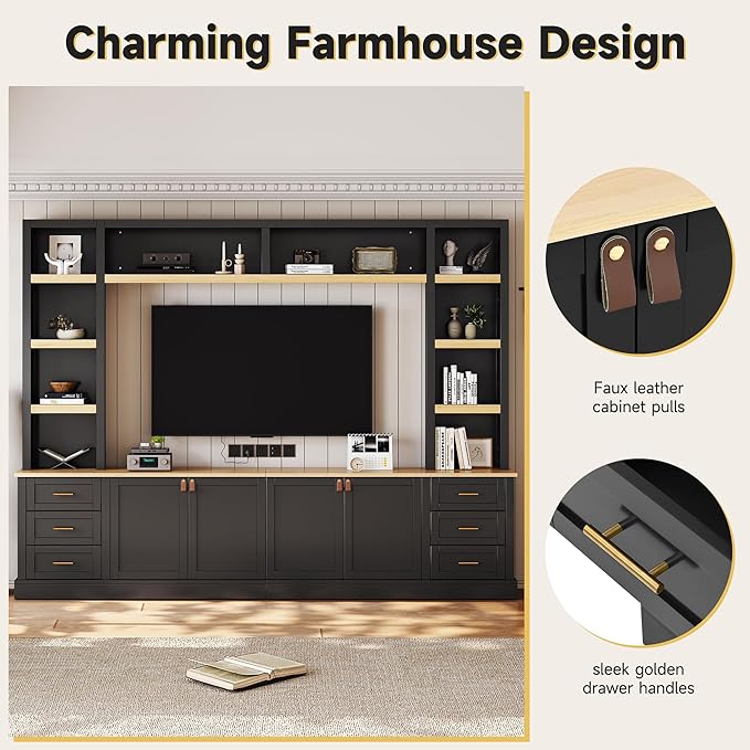 Merax 102.3 Inch Wide Farmhouse Entertainment Center, Rustic TV Stand with 6 Drawers & Adjustable Shelves, Large Media Console for TVs up to 75", Modern Bookshelves Wall Unit, Black