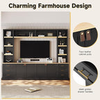 Merax 102.3 Inch Wide Farmhouse Entertainment Center, Rustic TV Stand with 6 Drawers & Adjustable Shelves, Large Media Console for TVs up to 75", Modern Bookshelves Wall Unit, Black
