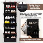 7 Tier Over The Door Shoe Organizer, Hanging Shoe Rack for Closet with Dustproof Mesh Curtain & 6 Side Pockets, Behind The Door Narrow Shoe Holder Hanger for Sneakers, Boots (Black)