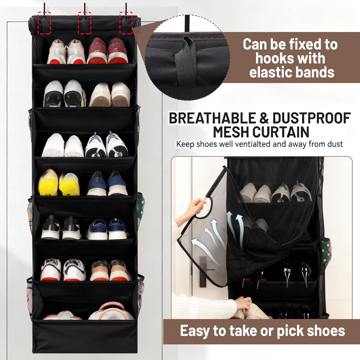 7 Tier Over The Door Shoe Organizer, Hanging Shoe Rack for Closet with Dustproof Mesh Curtain & 6 Side Pockets, Behind The Door Narrow Shoe Holder Hanger for Sneakers, Boots (Black)
