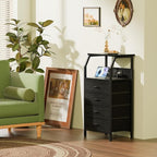 Furnulem Night Stand with Charging Station, 4 Drawer Dresser with Storage Shelf, 33.3 Inch Tall Side Table, Fabric End Table for Closet, Entryway, Bedside Furniture, 3 Ways to Use, Black Oak