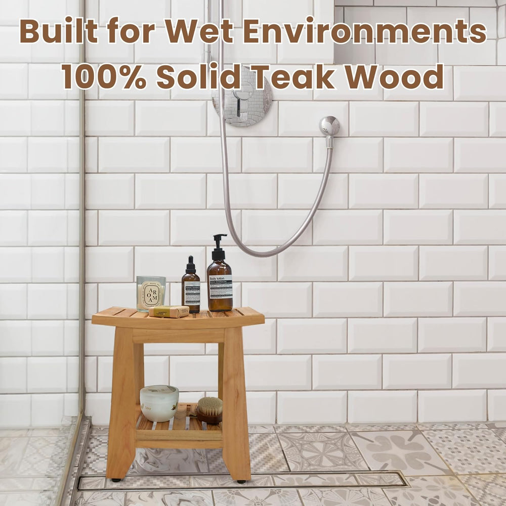 Teak Shower Bench Stool, 14'' Compact Waterproof Wooden Sauna Bath Be...