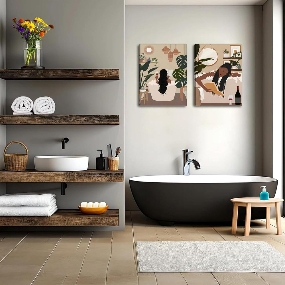 Black Girl Bathroom Wall Art Set of 3, Fashion Boho Black Woman Canvas Wall D...