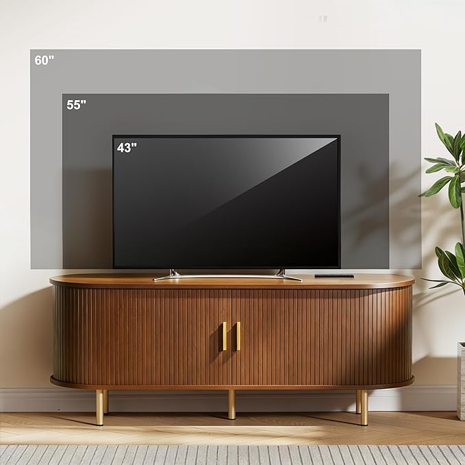 DHH 55 Inch Mid Century Modern TV Stand with Power Outlet for TVs up to 60 Inch, Entertainment Center with Storage and Adjustable Shelves, Media Console with Sliding Doors for Living Room(Walnut)