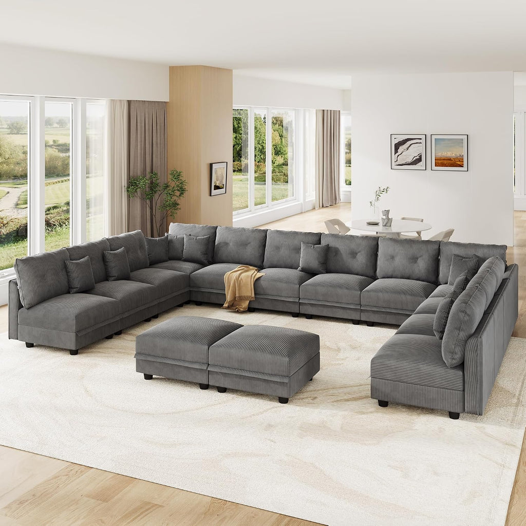LLappuil Oversized Sectional Sofa Modular Cloud Couch with 14 Storage Seats & 12 Throw Pillows, Corduroy U Shaped Couches for Large Living Room, Rearrangable Sleeper Sofas, Scratch Resistant, Grey