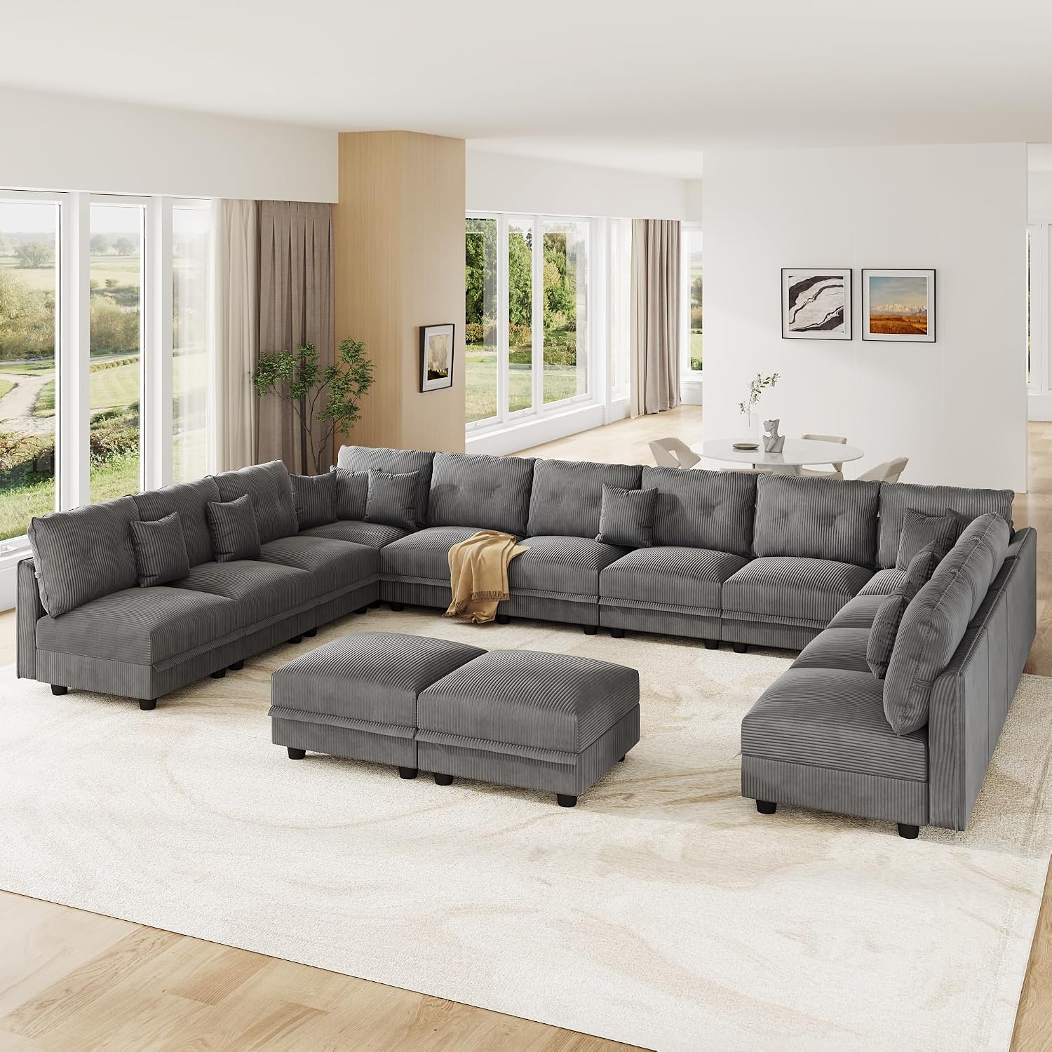 LLappuil Oversized Sectional Sofa Modular Cloud Couch with 14 Storage Seats & 12 Throw Pillows, Corduroy U Shaped Couches for Large Living Room, Rearrangable Sleeper Sofas, Scratch Resistant, Grey