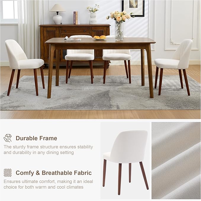 Wooden Dining Chairs Set of 4, Upholstered Kitchen Dining Room Chairs with Padded Seat and Wood Legs, Modern Fabric Side Dinner Chair for Kitchen, Dining Room, Restaurant, Cafe, Beige
