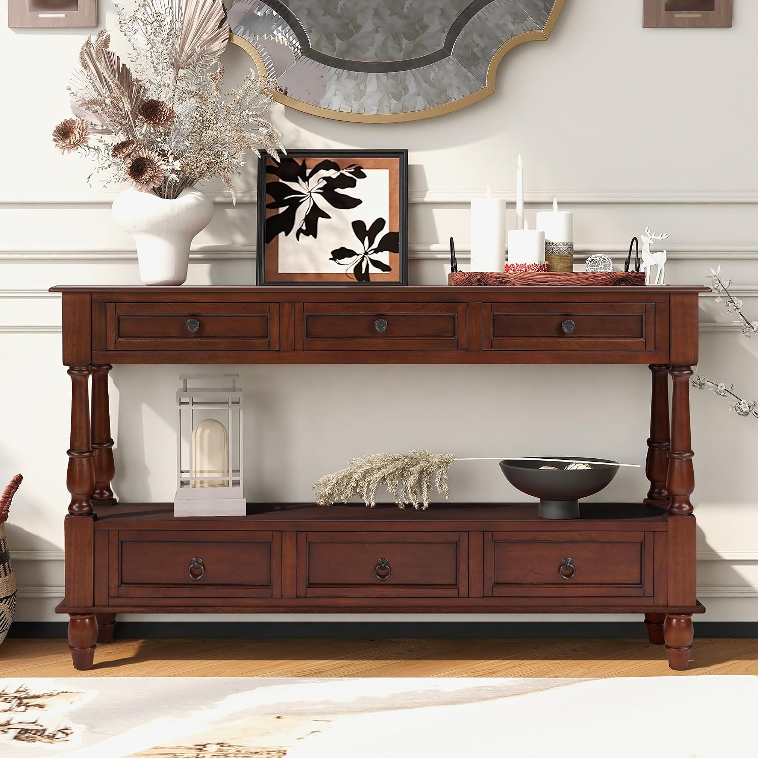 LKTART 54'' Solid Wood Console Table, Farmhouse Entryway Table with 6 Drawers and Shelf, Narrow Long Sofa Table with Storage for Living Room Hallway, Couch, Foyer (Cherry)