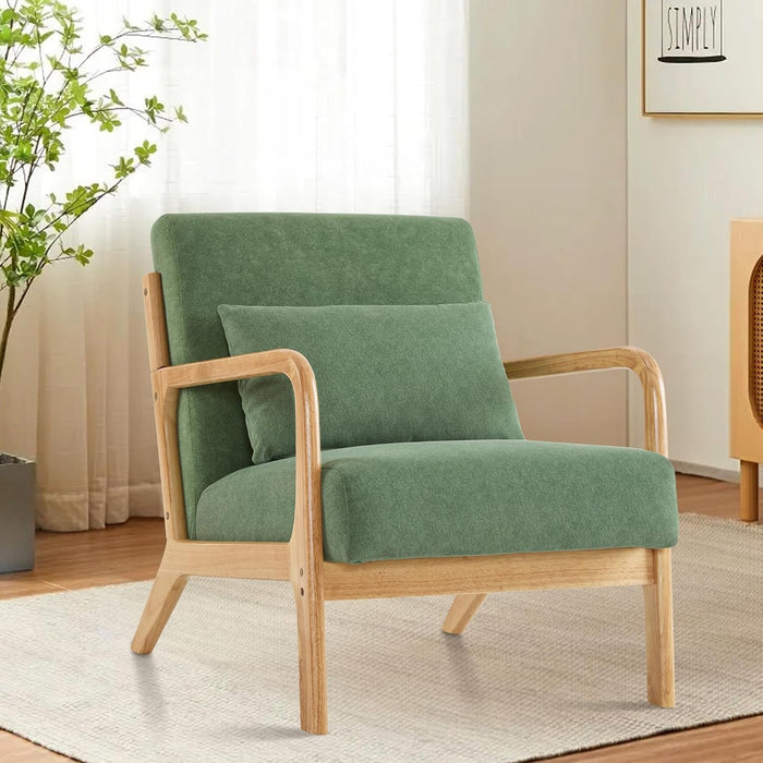Mid Century Modern Accent Chair with Lumbar Pillow, Upholstered Chair for Living Room, Accent Chair with Solid Wood Frame Reading Chair Armchair for Bedroom Small Spaces, Green