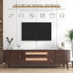 Mid Century Modern TV Stand for TVs up to 75”, Fluted Entertainment Center, Media Console with Tambour Sliding Doors and Rattan-Style Drawers, Walnut Finish Media Console for Living Room